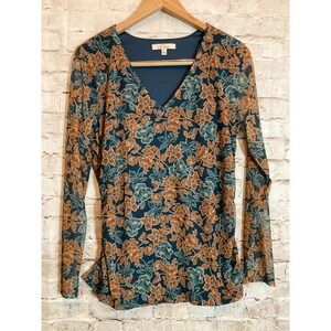 Les Serein Top‎ Womens Large Teal & Rust Dark Floral Mesh Ruched Sides Stretch